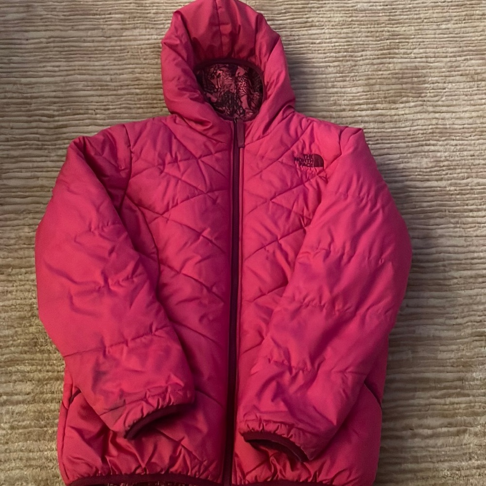 North Face Girls Jacket Sz 14/16 Reversible pink butterflies